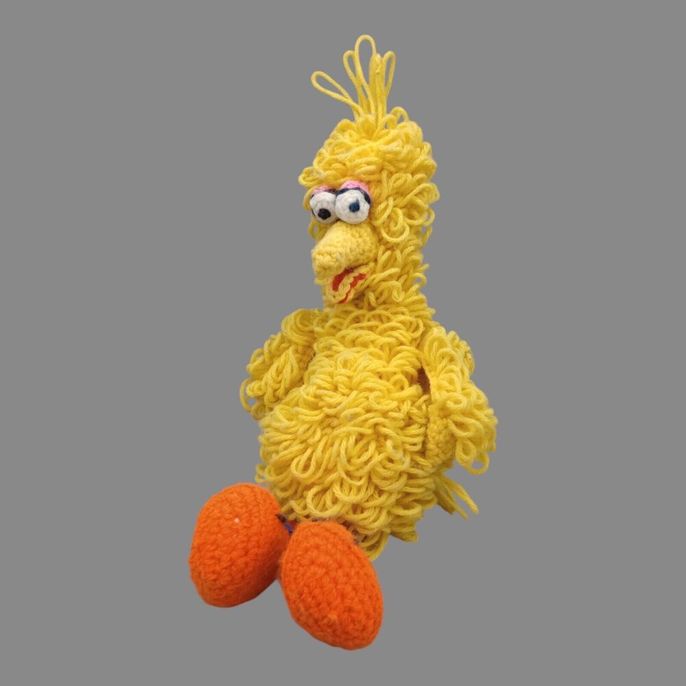 Vtg 70s Big Bird Sesame Street Crocheted Handmade Stuffed Doll Retro Maximalist
